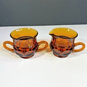 Vintage Indiana Glass Amber Kings Crown Thumbprint Creamer & Sugar Bowl Set